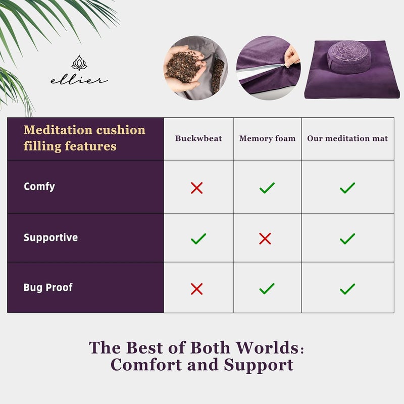 ellier Zafu & Zabuton Meditation Cushion Set - Buckwheat Hull & Memory Foam Pillows, Ergonomic Support for Yoga, Mindfulness - Organic Velvet Cover, Large Size, Durable Comfort (Purple) - Image 3